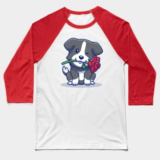 Cute Collie Dog With Red Rose Baseball T-Shirt